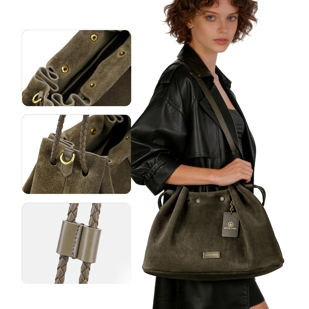 Suede Drawstring Shoulder & Crossbody Black Bag