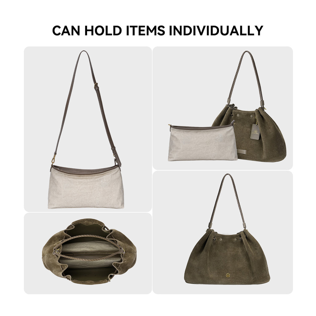 Suede Drawstring Shoulder & Crossbody Black Bag