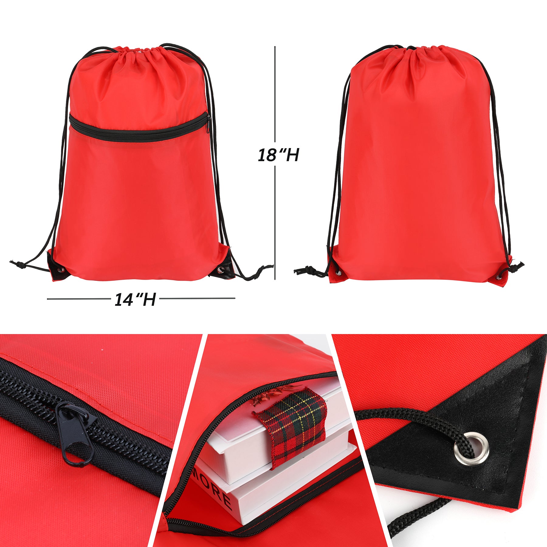 100 Packed Drawstring Backpack With Zipper Pocket 14"x18"